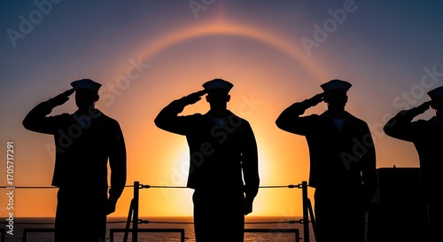 Silhouette of US Navy sailors saluting at sunset, displaying respect and honor.