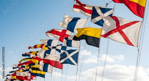 A vibrant display of international maritime signal flags waving against a clear blue sky with scattered clouds.