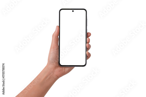 Close-up of hand showing blank smartphone screen on white background. Suitable for technology, marketing and product placement concepts.