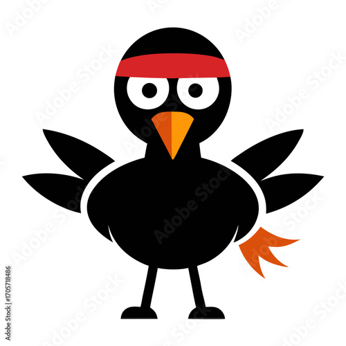 Cartoon black bird wearing a red headband with orange accents