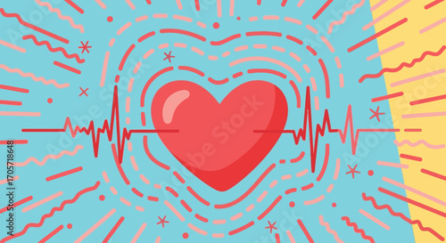 Vibrant Red Heart with Electrocardiogram Pulse Line Illustration.