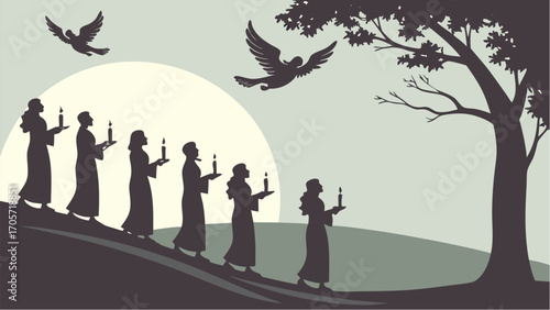 Silhouette scene showing people walking with candles under flying birds near a tree on a hill at night