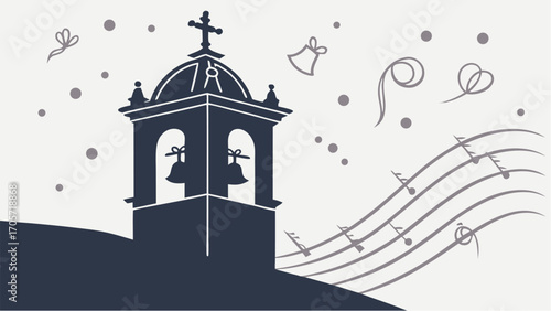 A silhouette of a church tower with bells and a cross surrounded by musical notes and decorative elements