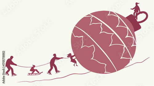 People on skates and sled pulling a giant christmas ornament up a snowy hill with one on top of it silhouette