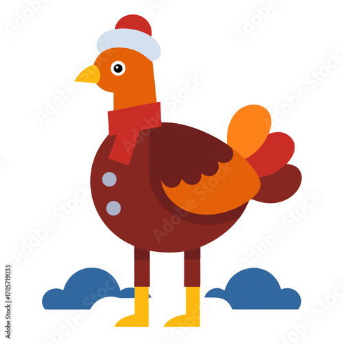 Cute cartoon turkey wearing a hat and scarf in the snow