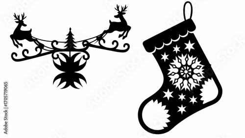 Silhouette of reindeer with sleigh and christmas tree above decorative element next to christmas stocking