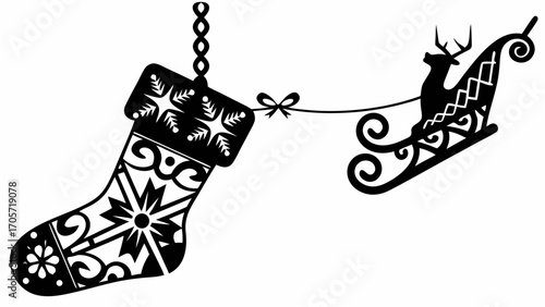 Christmas stocking with decorative designs hanging and connected to a reindeer pulling a sleigh design silhouette
