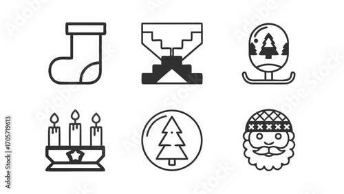 Six christmas themed icons featuring a stocking, hourglass, snow globe, candles, tree and santa claus silhouette