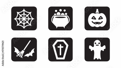Collection of halloween themed icons including spiderweb cauldron pumpkin bat coffin and ghost on black squares silhouette
