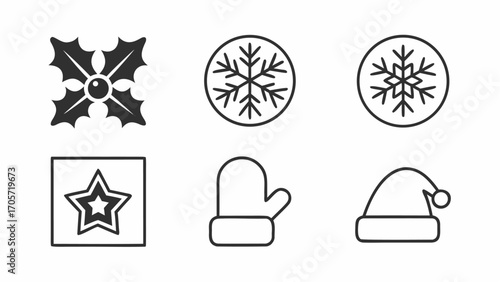 Illustration showing christmas holly, snowflakes in circles, a star in a square, a mitten and a santa hat icon silhouette