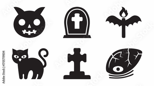 Illustration of six halloween themed icons including a cat skull, tombstone, bat candle, cat, cross and eyeball silhouette