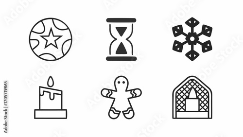 Illustration of a star globe, hourglass, snowflake, candle, gingerbread man and candle in a lantern silhouette