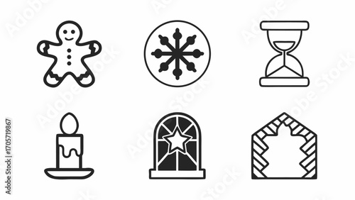 Illustration of christmas icons including gingerbread man snowflake hourglass candle window and nativity scene silhouette