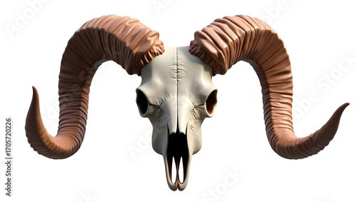 3D illustration of a ram skull with large curved horns