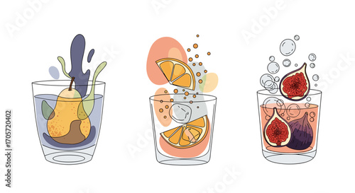 Three refreshing fruit infused drinks with pears oranges and figs.