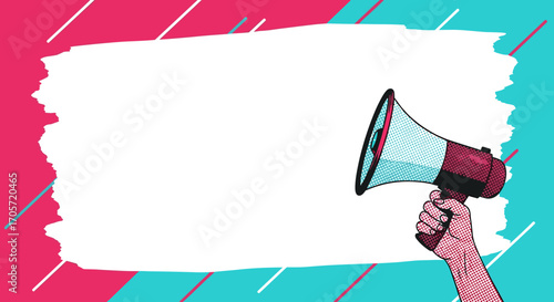 Hand Holding Megaphone Announcing Message on White Brush Stroke Background.