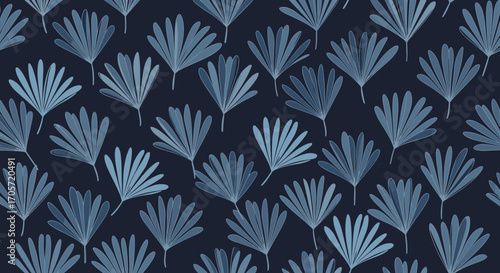 Dark Blue Tropical Leaf Pattern.