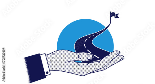 Hand holding a road to success with a flag on a blue circle background.