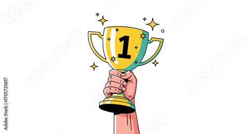 Hand holding a golden trophy with number one.