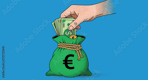 Hand putting money into a money bag with euro symbol.