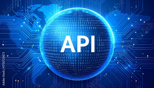 Global digital sphere with API text, circuit board and world map