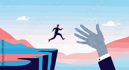 Businessman jumping across a chasm with a helping hand reaching out.