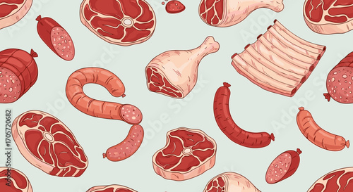 Assortment of Raw Meats and Sausages Seamless Pattern.