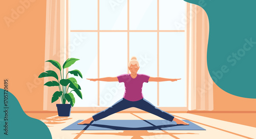 Elderly woman doing yoga in a bright room with plants.