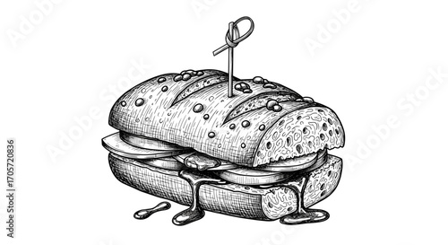 Hand drawn sketch of a delicious sandwich with cheese and tomato.