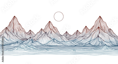 Abstract Mountain Range Landscape with Circular Sun.
