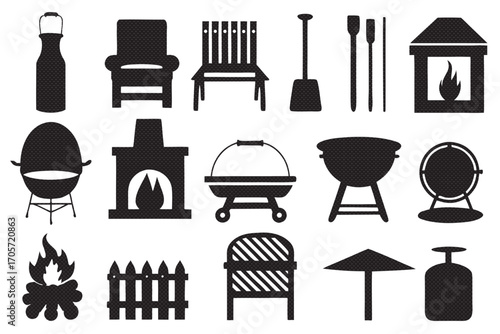 Collection of outdoor cooking and furniture icons