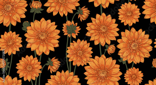 Vibrant Orange Dahlia Flowers Pattern on Black Background.