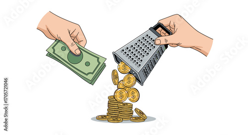Hands grating money into coins symbolizing financial loss.