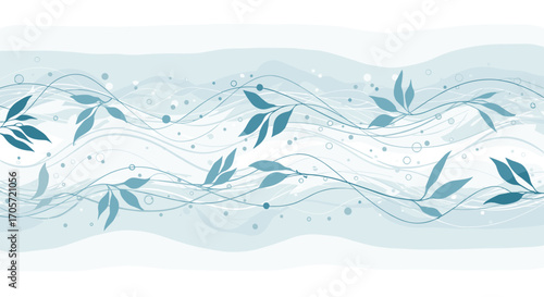 Abstract Blue Floral Swirls with Leaves and Dots.