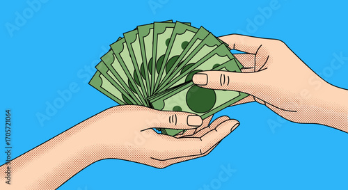 Hand giving money to another hand.