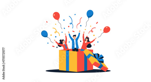 People celebrating coming out of a gift box with balloons and confetti.
