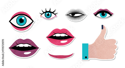 Pop Art Eyes Lips and Thumbs Up Icon Set.