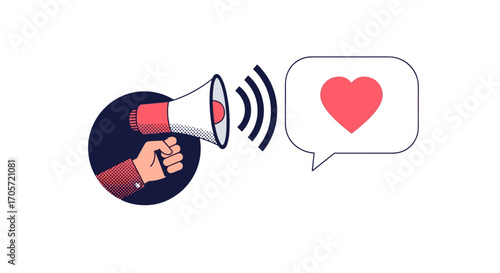 Hand holding megaphone announcing love and positive feedback.