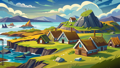 L’Anse aux Meadows, Newfoundland, Canada, preserves Norse timber-and-sod dwellings surrounded by rugged tundra and a windswept coastline beneath low Arctic clouds.
