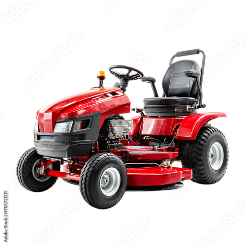 Red riding lawn mower with wide tires ready for lawn care and gardening tasks isolated on transparent background
