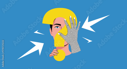 Man with Question Mark Head and Arrows Symbolizing Confusion and Decision Making.