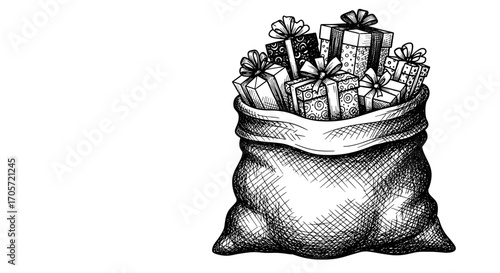 Hand Drawn Sketch of a Full Bag of Gifts.
