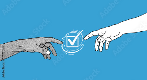 Two hands reaching for a glowing checkmark symbol.