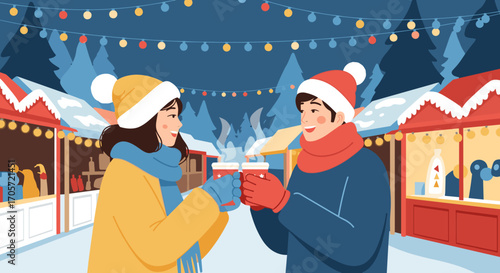 Couple Enjoying Hot Drinks at a Festive Winter Market.