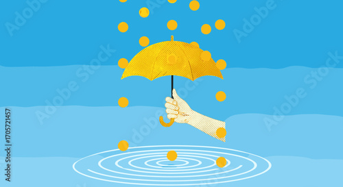Hand holding yellow umbrella protecting from falling golden coins.