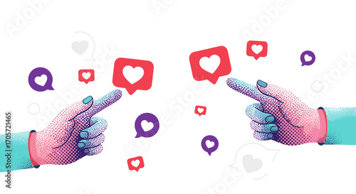 Hands pointing at social media likes and hearts.