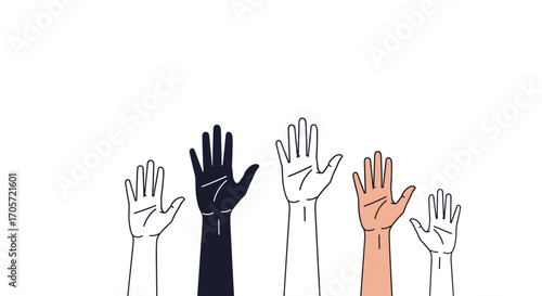 Diverse Hands Raised in Unity and Participation.