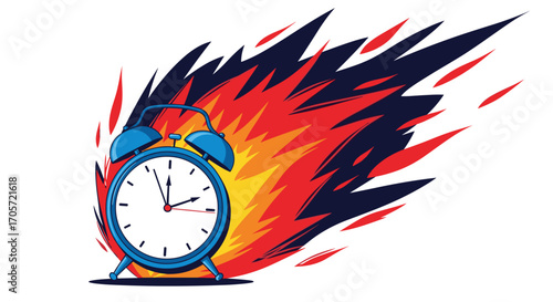 Alarm clock on fire with flames and smoke.