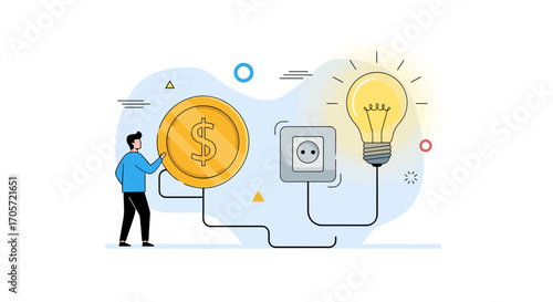 Man connects coin to light bulb for energy concept.