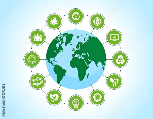 Global environmental icons connected to a world map